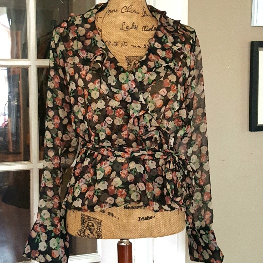 Ralph Lauren sheer floral ruffled wrap blouse